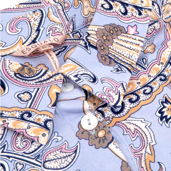 ESQUALO Vintage Print Button Up Blouse Long Sleeve Collared Silky Satiny Chic - Picture 3 of 7